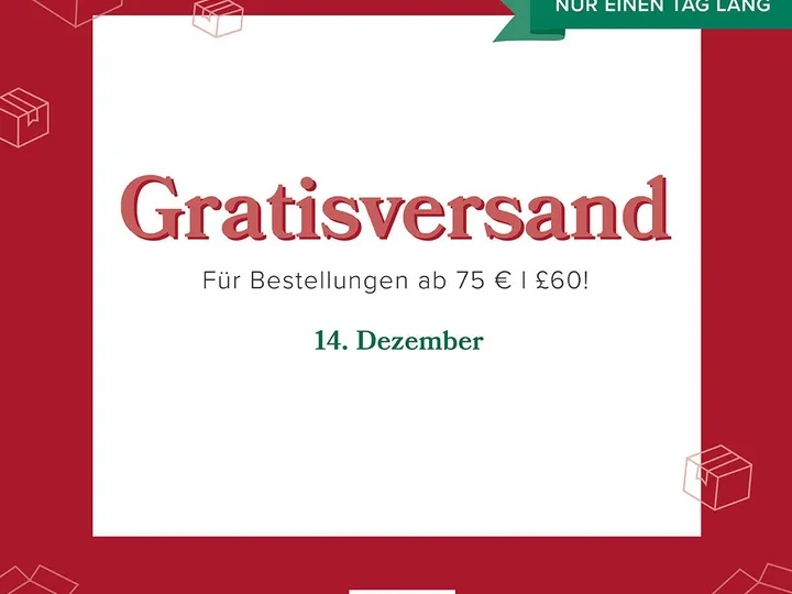 Ein digitaler Grafikeinsatz mit rotem Hintergrund und weißem zentralem Feld, auf dem die Schrift „Gratisversand“ in rot steht. Darunter sind Details zu Mindestbestellwerten für Euro und Pfund sowie das Datum 14. Dezember in grüner Schrift vermerkt. Oben rechts befindet sich ein grüner Band-Element mit der Aufschrift „NUR EINEN TAG LANG“. Umrahmt werden die Elemente von weißen Linienzeichnungen von Kartons, darunter geöffnete und geschlossene Verpackungen. Unten ist das Logo von Stampin’ Up
