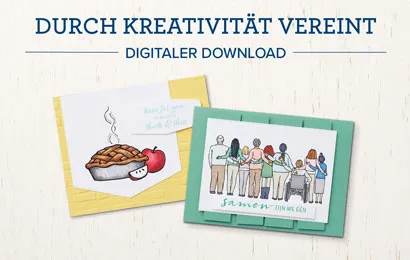 Zwei digitale Karten mit handgezeichneten Illustrationen auf leichtem Papier, darunter ein Apfelkuchen und eine Gruppe von Menschen. Der Hintergrund ist in sanften Beige- und Grüntönen gehalten, die Schrift steht oben in dunkelblauer Farbe.