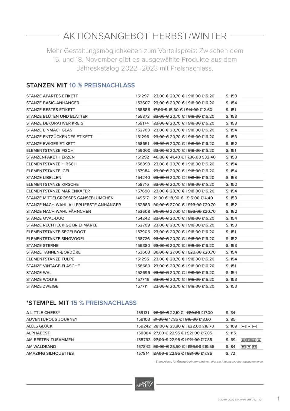 Aktionsschablencatalog Herbst/Winter mit Preisschildern für Stanzformen und Stempelsets von Stampin' Up, inklusive Produktnummern und Referenzseiten.