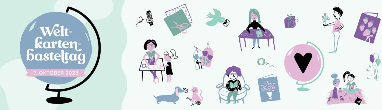 Ein farbiges Banner für den Weltkartenbasteltag vom 7. Oktober 2023 zeigt eine Globus-Illustration mit dem Titel und ist von Zeichnungen verschiedener Bastler, Materialien wie Papier, Schere, Stifte und Geschenke sowie Motiven wie Blumen und Herzen umgeben.