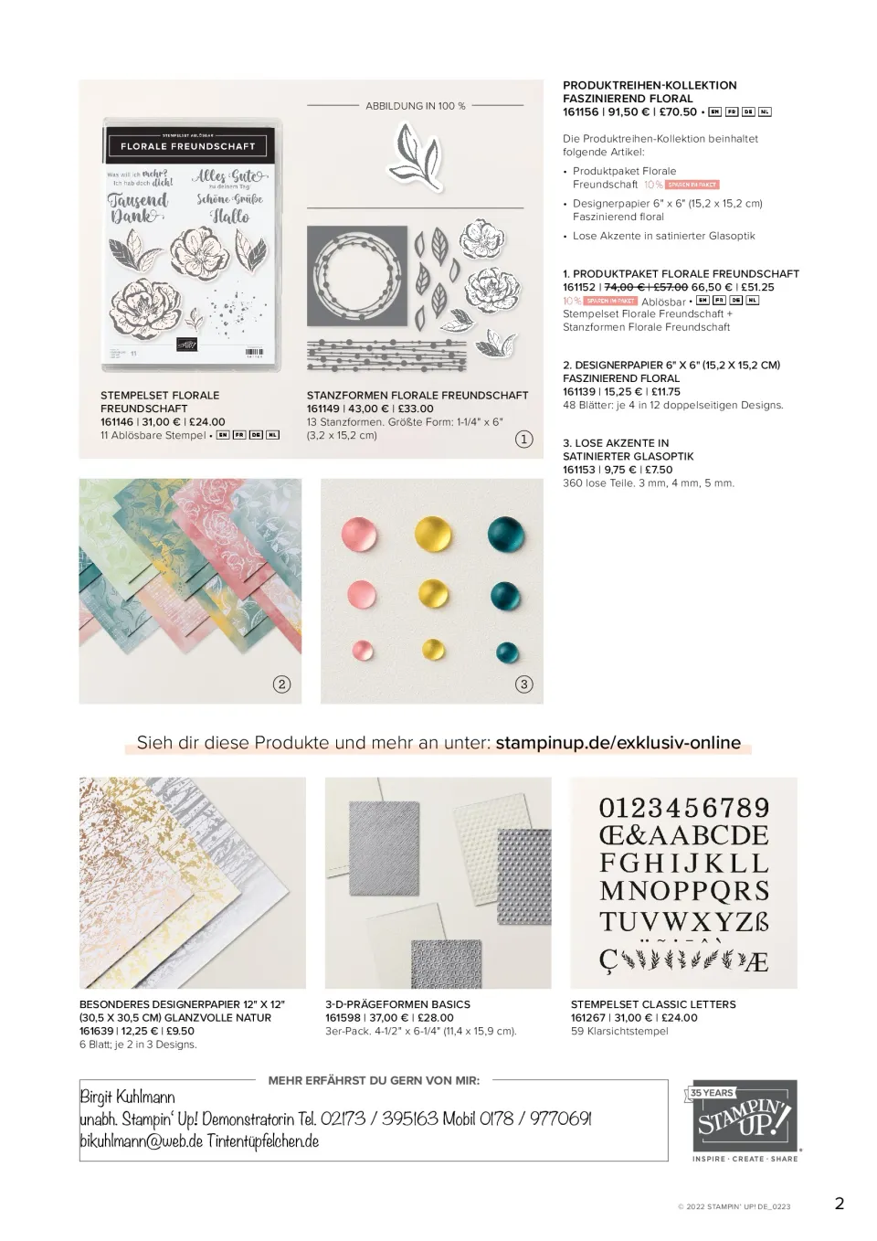Ein Katalogblatt mit Produktbildern für Stempel, Stanzformen und Designerpapiere in Pastellfarben sowie Glaskugeln. Unten sind weitere Materialien wie glänziges Papier, Prägeformen und ein Klarsichtstempel mit Buchstaben abgebildet.