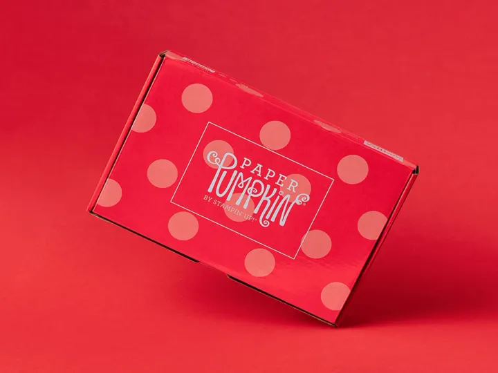 Ein roter Karton mit hellrosa Polka-Dots, auf dem ein weißer Rahmen den Text „PAPER PUMPKIN BY STAMPIN UP“ in verspielten Schriften zeigt. Das Bild ist schräg aufgenommen und wirft einen leichten Schatten auf den roten Hintergrund.
