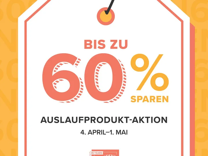 Ein digitaler Preislabel-Design mit weißem Hintergrund und orangefarbenem Rahmen zeigt große Zahlen „60 %" in Rot neben dem Symbol für Prozent. Der Text „BIS ZU SPAREN“ ist darüber, darunter steht „AUSLAUFPRODUKT-AKTION 4. APRIL–1. MAI“. Im unteren Bereich befindet sich das Logo von Stampin’ Up! mit der Aufschrift „35 YEARS INSPIRE • CREATE • SHARE“.