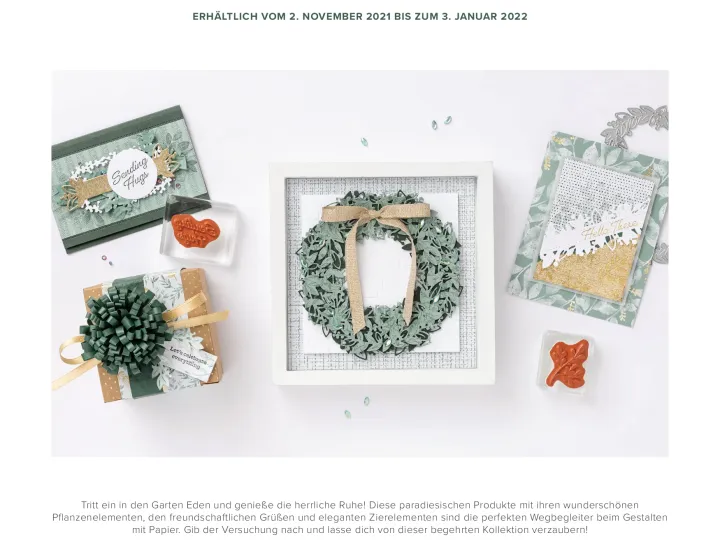 Das Bild zeigt eine Werbeanzeige für die Stampin'Up! Kollektion „Garten Eden" mit verschiedenen Bastelprojekten in Grün- und Goldtönen. Im Zentrum steht ein gerahmtes Kranz-Motiv aus gestempelten Blättern, umgeben von weiteren Projekten wie einer Karte mit „Sending Hugs", einem verpackten Geschenkpapier mit grüner Schleife, Stempeln und floralen Karten. Der Text oben nennt den Titel und das Verfügbarkeitsdatum der Kollektion, unten sind Kontaktdaten einer Demonstratorin sowie das