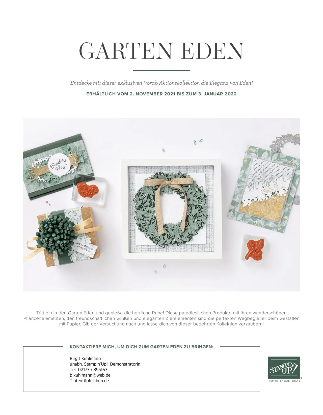 Das Bild zeigt eine Werbeanzeige für die Stampin'Up! Kollektion „Garten Eden" mit verschiedenen Bastelprojekten in Grün- und Goldtönen. Im Zentrum steht ein gerahmtes Kranz-Motiv aus gestempelten Blättern, umgeben von weiteren Projekten wie einer Karte mit „Sending Hugs", einem verpackten Geschenkpapier mit grüner Schleife, Stempeln und floralen Karten. Der Text oben nennt den Titel und das Verfügbarkeitsdatum der Kollektion, unten sind Kontaktdaten einer Demonstratorin sowie das