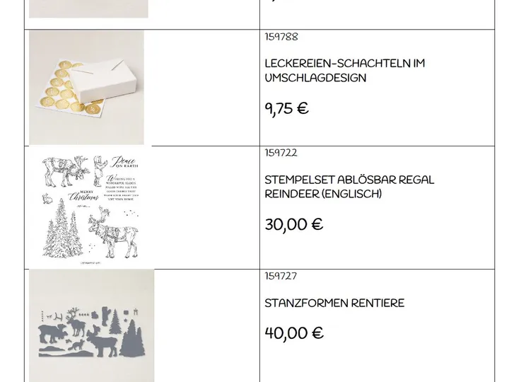 Ein Katalogblatt zeigt vier Produkte für Bastelprojekte: Ein Geschenkband in Rot und Grün, Schachteln mit Goldfolie bedeckten Deckeln, ein Regalstempelset mit Rentieren und Tannenbäumen sowie graue Stanzformen von Rentieren und Bäumen.
