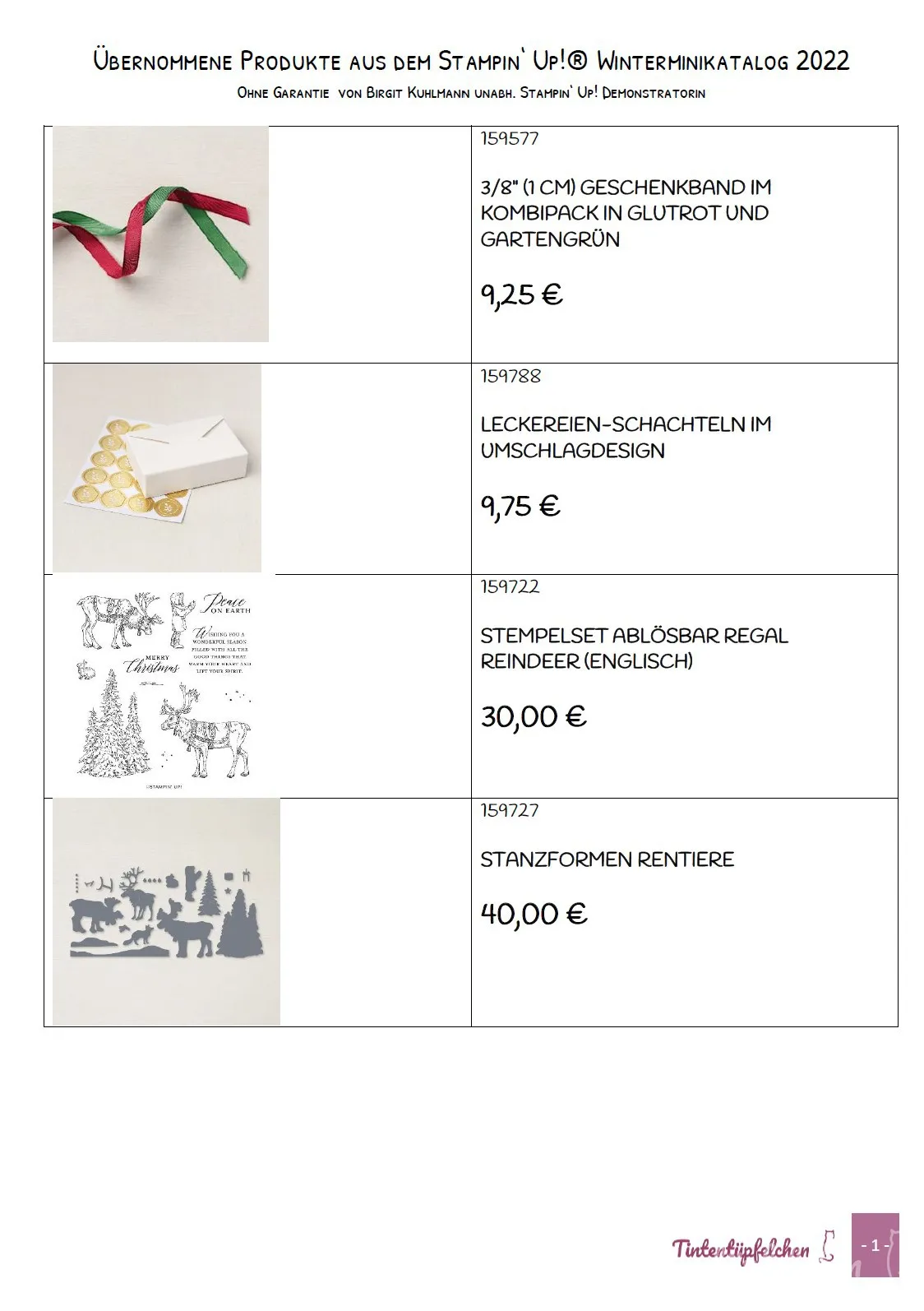 Ein Katalogblatt zeigt vier Produkte für Bastelprojekte: Ein Geschenkband in Rot und Grün, Schachteln mit Goldfolie bedeckten Deckeln, ein Regalstempelset mit Rentieren und Tannenbäumen sowie graue Stanzformen von Rentieren und Bäumen.