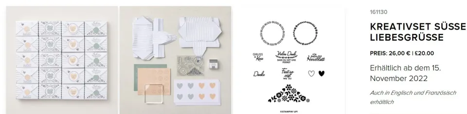 Das Bild zeigt ein Kreativset mit Stempeln, Papierstücken und Karten in Pastellfarben wie Hellgrün, Beige und Weiß. Die Motive sind Herzen, Kreise und Schriftzüge wie „Gruss" und „Video Dank". Links sind fertig gestempelte Karten mit geometrischen Mustern zu sehen, daneben liegen die Werkzeuge für den Bastelprozess.