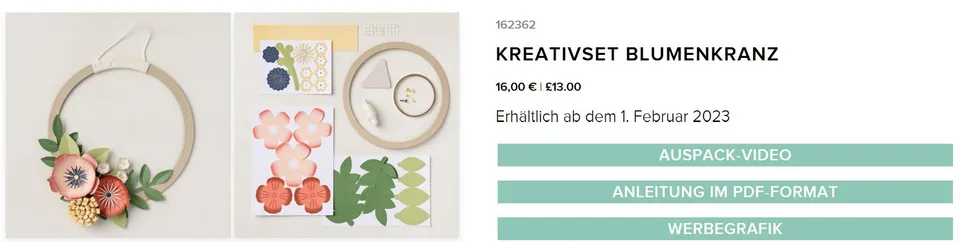 Ein Bastelset für einen Blumenkranz zeigt fertige Papierblumen in Rosa, Blau und Gelb sowie grüne Blattmotive auf einem Holzkreis. Die Komponenten sind als gedruckte Vorlagen mit Ausschnitten für das Stempeln oder Schneiden dargestellt.
