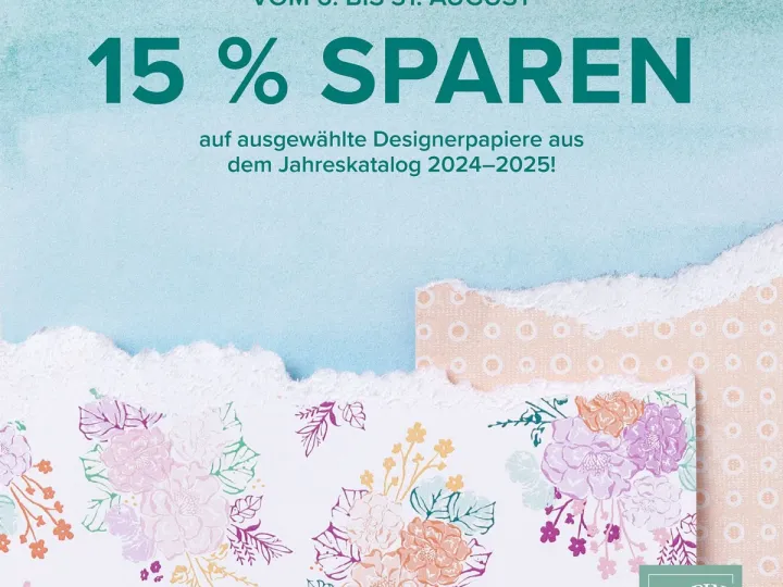 15-prozentiger Rabatt auf ausgewählte Designerpapiere vom Jahreskatalog 2024–2025, von der Seite des Stempel- und Papierherstellers Stampin' Up! Das Bild zeigt eine Blumendruck-Serie mit Pastelltönen wie Lila, Rosa, Orange und Grün auf weißem Hintergrund, die über ein zerknittertes Papier in hellblauem Farbton liegt.