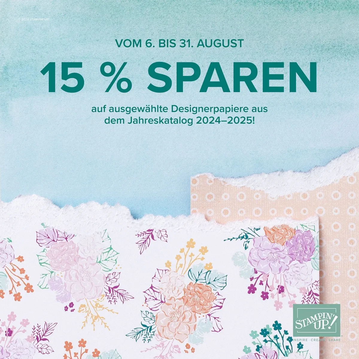 15-prozentiger Rabatt auf ausgewählte Designerpapiere vom Jahreskatalog 2024–2025, von der Seite des Stempel- und Papierherstellers Stampin' Up! Das Bild zeigt eine Blumendruck-Serie mit Pastelltönen wie Lila, Rosa, Orange und Grün auf weißem Hintergrund, die über ein zerknittertes Papier in hellblauem Farbton liegt.