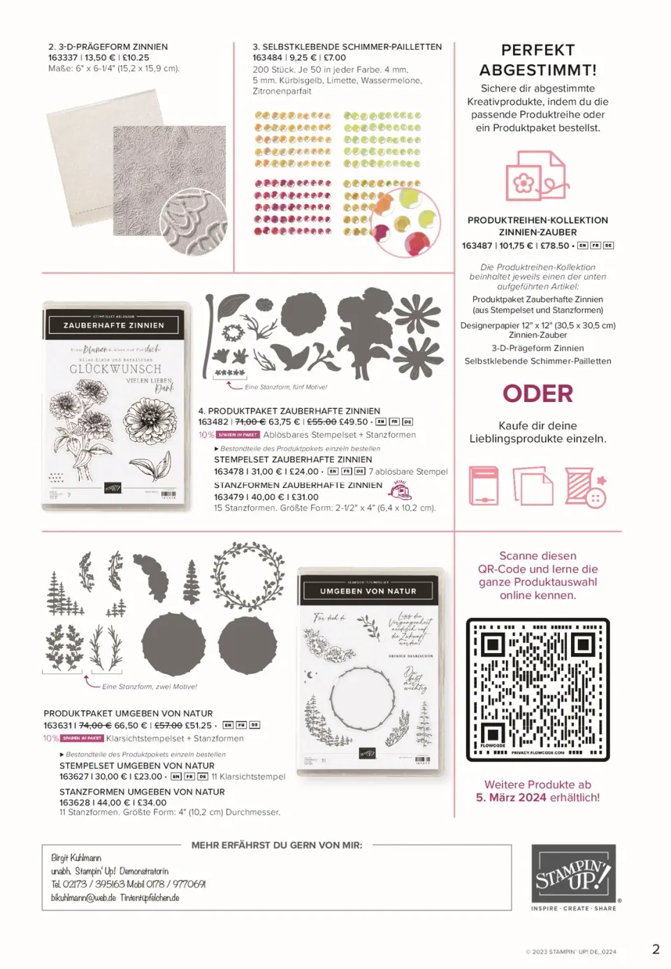Das Bild zeigt eine Produktübersicht von Stampin' Up! mit vier verschiedenen Artikeln: einer 3-D-Prägeform, selbstklebenden Schimmer-Pailletten, einem Stempelset und einer Stanzformen-Kollektion. Alle Produkte sind in Schwarz oder Silber dargestellt; einige zeigen auch Farbbilder der Pailletten. Ein QR-Code ist rechts unten abgebildet.