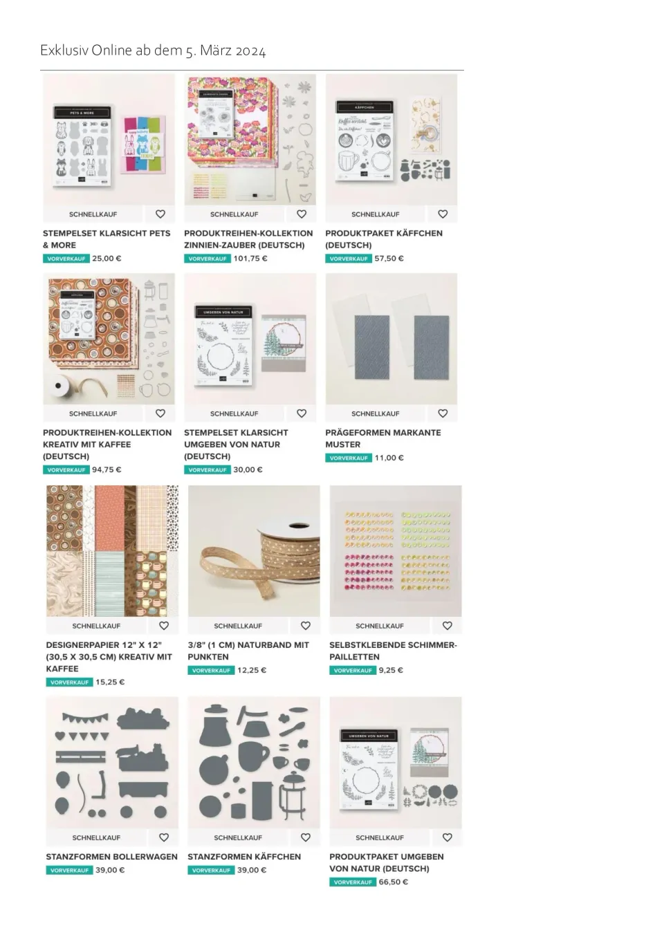 Ein Online-Shop mit Bastelprodukten für Stempel, Prägesteine und Papier zeigt verschiedene Artikel wie „Pets & More“ und „Kaffee“-Themen. Preise von 9,25 bis 101,75 Euro werden angezeigt; einige Produkte sind als Vorverkauf gelistet.