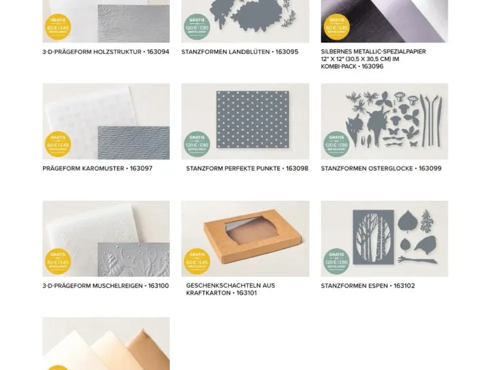 Ein Werbeartikel für Stampin' Up! zeigt verschiedene Stempel, Prägestücke und Materialien wie Silbernes Metallic-Papier in einer Rasteransicht mit Preisschildern.