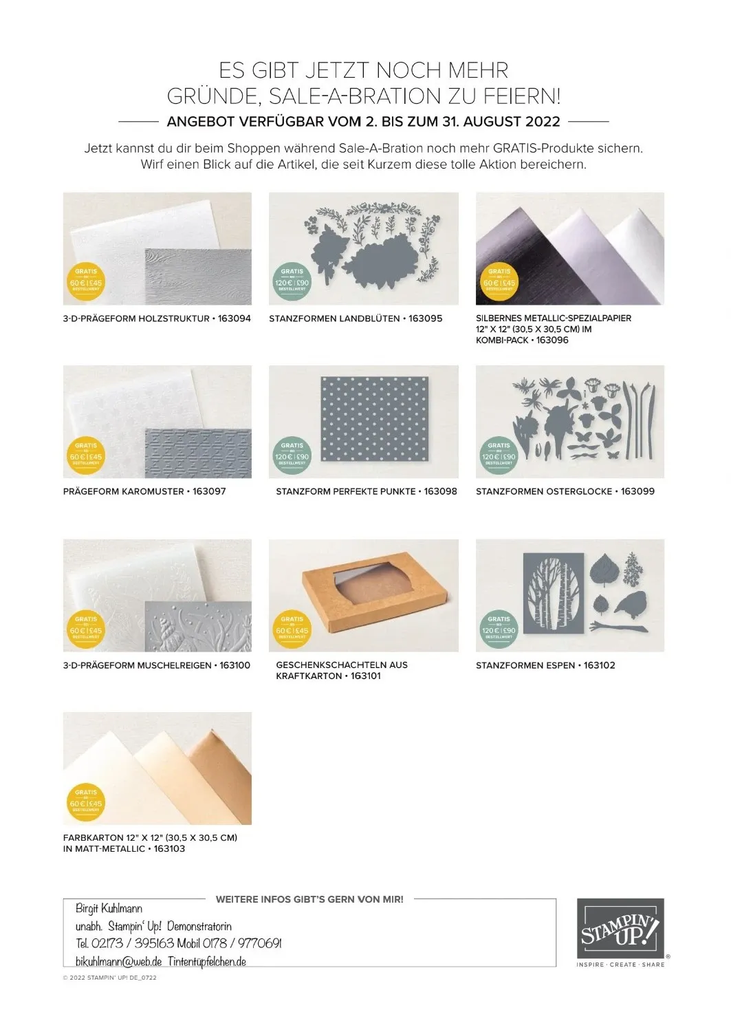 Ein Werbeartikel für Stampin' Up! zeigt verschiedene Stempel, Prägestücke und Materialien wie Silbernes Metallic-Papier in einer Rasteransicht mit Preisschildern.