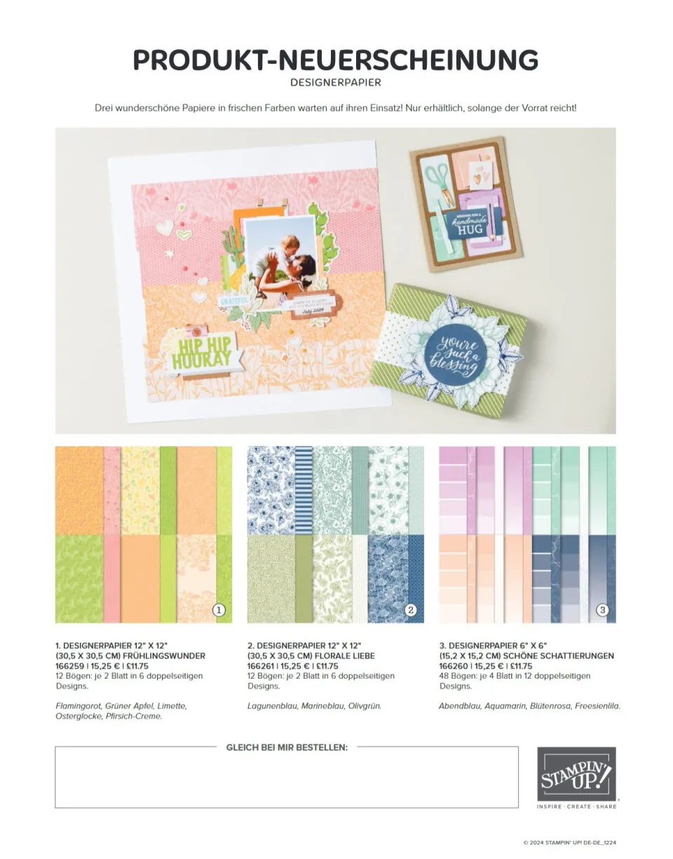 Drei Bastelprojekte aus Designerpapier mit floralen und geometrischen Mustern in Pastellfarben wie Pink, Orange, Grün und Blau. Ein Fotoalbumblatt zeigt eine Familienfotografie mit Stempeln und Klammern, daneben ein kleiner Briefumschlag mit Handschrift und eine Karte mit Blumenmotiven.