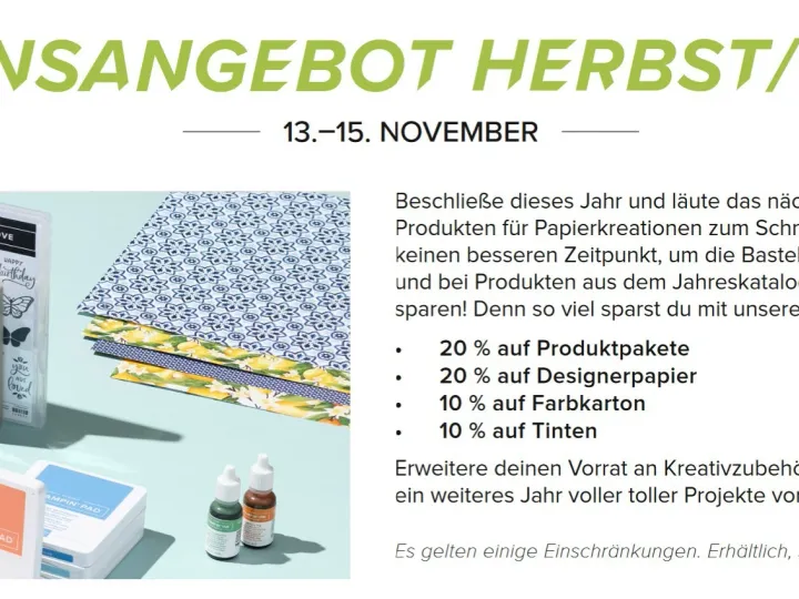 Ein Werbebanner für einen Herbst/Winter-Bastelausverkauf zeigt Stempel, Papier und Tinte auf hellblauem Hintergrund mit grüner Überschrift.