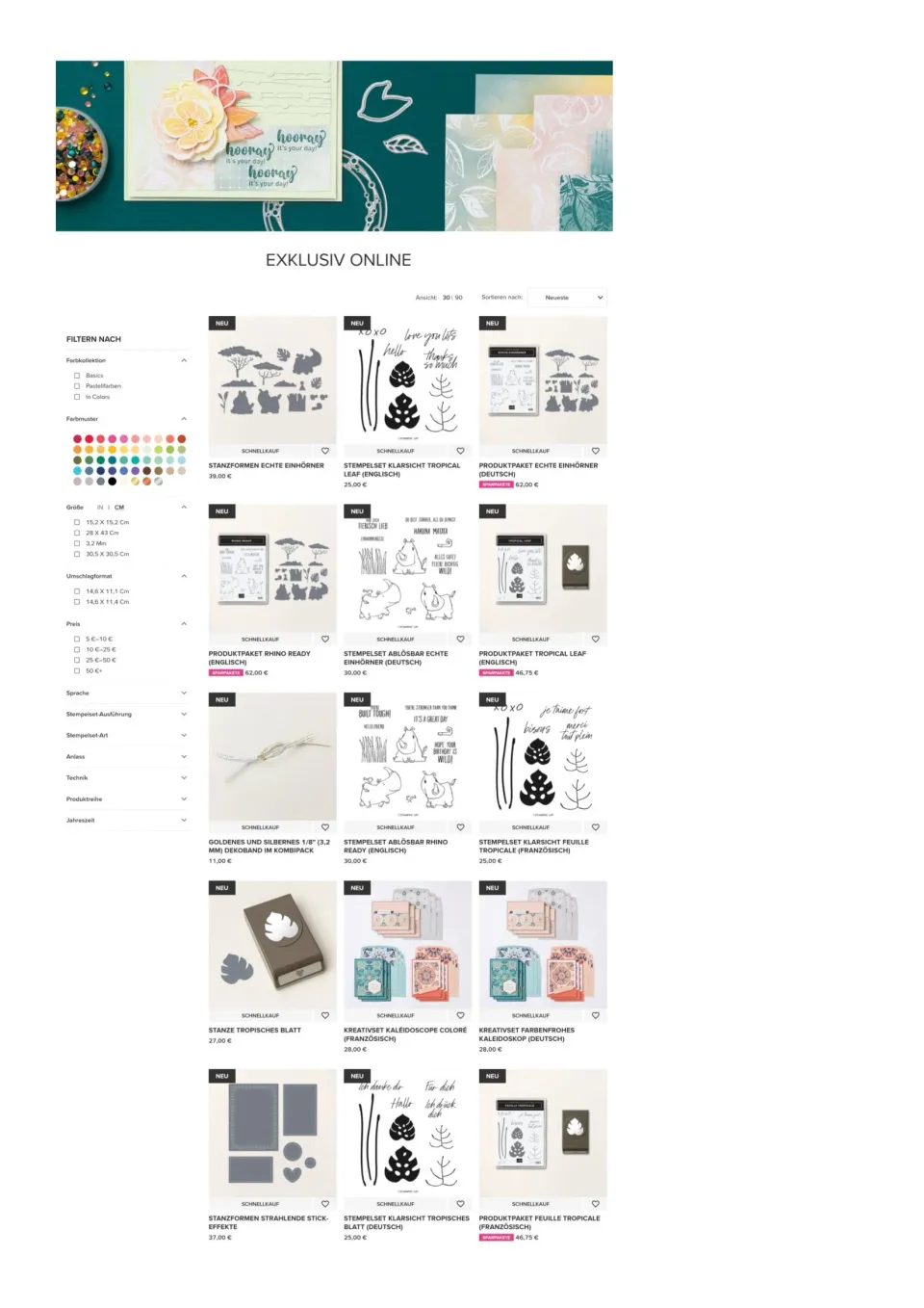 Ein Screenshot einer Bastelwebsite zeigt verschiedene Stempelsets und Zubehör für Papierhandarbeiten. Im oberen Bereich ist eine fertige Karte mit einem gestempelten Blumenmotiv und der Aufschrift „hooray“ zu sehen, daneben liegen weitere Stempelblätter und ein Behälter mit bunten Punkten. Darunter sind Produktbilder von Stanzformen, Stempeln und Papieren in Tönen wie Grün, Blau und Beige angeordnet, teilweise mit Preisschildern.