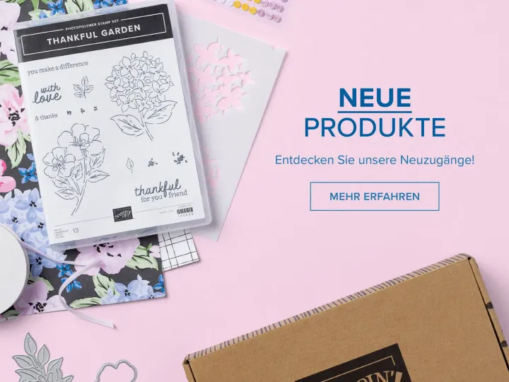 Ein Stampin' Up! Produktbild zeigt ein Stempelset „Thankful Garden" mit floralen Motiven, darunter Rosen und Hortensien, auf einem rosa Hintergrund. Daneben liegen eine gestanzte Vorlage, gelbe Aufkleber und ein brauner Karton mit dem Logo „Stampin' Up!".