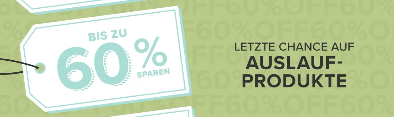 Ein gestempeltes Preisetikett in Weiß mit hellgrünem Rahmen zeigt „BIS ZU 60% SPAREN“ und ist an einem schwarzen Schnurhaken befestigt. Rechts daneben steht der Text „LETZTE CHANCE AUF AUSLAUF-PRODUKTE" in dunkelgrauer Schrift auf einem hellgrünen Hintergrund, der mit wiederholten „OFF60%"-Musterstempeln versehen ist.