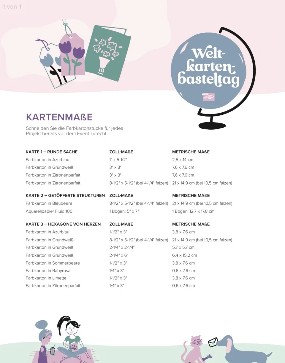Ein Poster mit dem Titel „Weltkartenbasteltag“ zeigt illustrierte Beispiele für Bastelprojekte wie Karten und Geschenketags, daneben eine Liste der benötigten Farbkarton-Größen in Zoll und Metrisch für verschiedene Kartentypen. Unten sind weitere Illustrationen von Figuren und Tieren zu sehen.